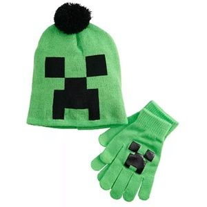 Minecraft Creepers Boys Winter Knit PomPom Beanie Hat and Gloves Set